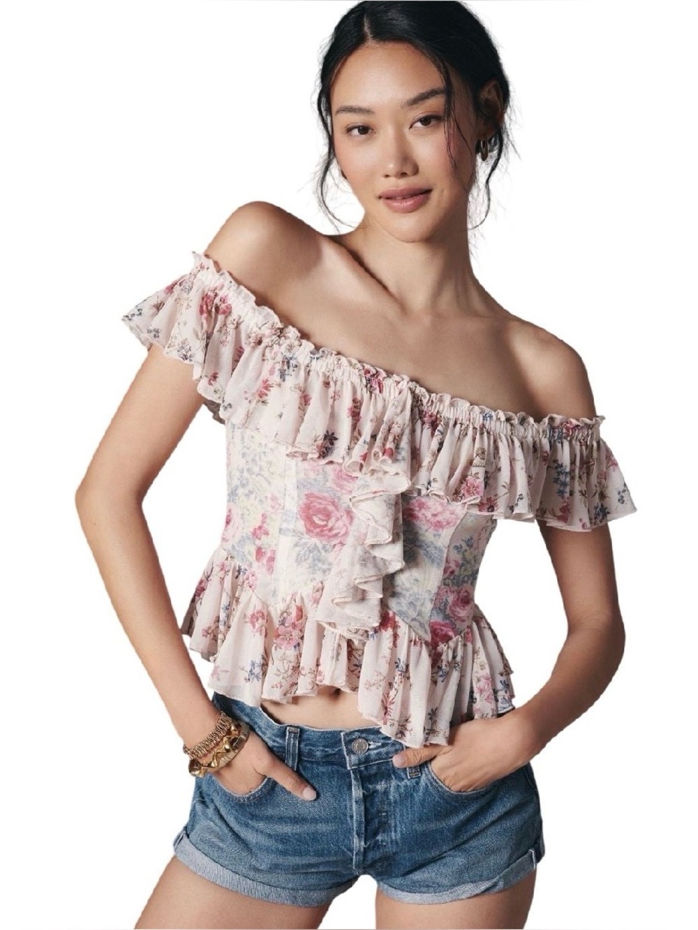 Anthropologie Floral Off-Shoulder Ruffle Peplum Top - Pink